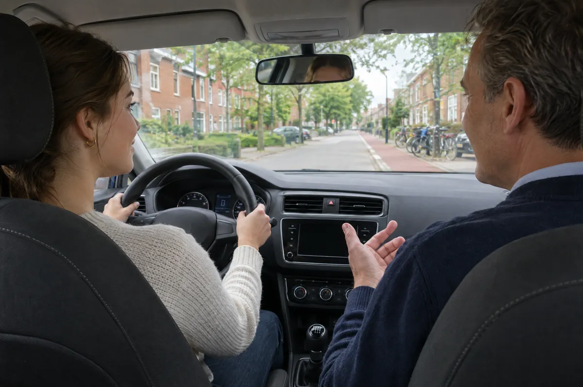 Sfeerbeeld van een rijles: leerling achter het stuur met de instructeur ernaast